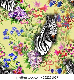 Floral seamless pattern on yellow background with colorful garden flowers and zebra head vector illustration