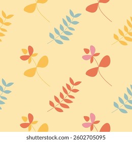 Floral seamless pattern on yellow background. Flowers and branches with leaves flat patterned background. Ideal design for wallpaper, notebook cover, fabric, textile, wrapping paper.