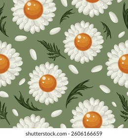 floral seamless pattern with open white daisies, green leaves and white petals on a green background, for various packaging or textiles or holiday cards