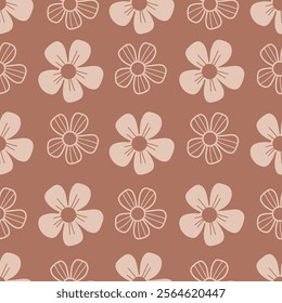 Floral seamless pattern. Openwork minimalistic flowers on brown background. Vector illustration. Minimal botanical print in mocha mousse color year 2025. Hand drawing