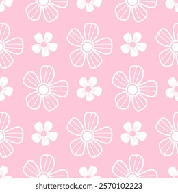 Floral seamless pattern. Openwork minimalistic white flowers on pink background. Vector illustration. Minimal delicate botanical print. Hand drawing