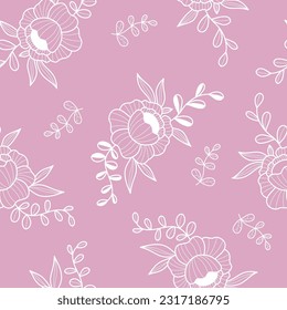 Floral seamless pattern with openwork white flower on pink background. Vector Illustration. Aesthetic modern art linear hand drawn for wallpaper, design, textile, packaging, decor.