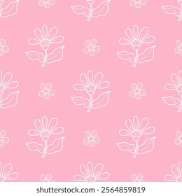 Floral seamless pattern. Openwork white flowers on pink background. Vector illustration. Minimalistic botanical template. Hand drawing