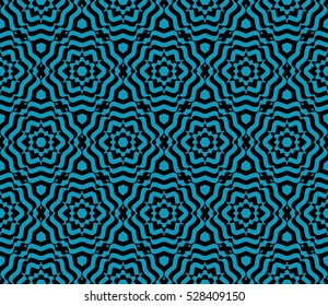 Floral seamless pattern. Optical illusion of the lines. Vector illustration. For the design, printing, invitations, wallpapers. Black on blue