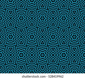 Floral seamless pattern. Optical illusion of the lines. Vector illustration. For the design, printing, invitations, wallpapers. Black on blue