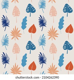 Floral Patrón sin foco con hojas tropicales anaranjadas y azules. Monstera, ornamento botánico de la hoja de palma. Modernas plantas de selva exótica. Ilustración del vector dibujado a mano