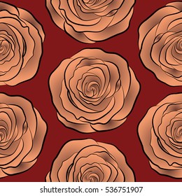 The floral seamless pattern in orange, brown and red colors. Vector illustration. Flower pattern of multicolored rose flowers. Fabric texture pattern with seamless rose flowers.