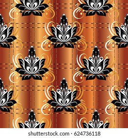 Floral seamless pattern. Orange drapery check 3d  background wallpaper illustration with black white gold  vintage line art russian ornament, swirl leaves and flowers.Vector texture for fabric, print