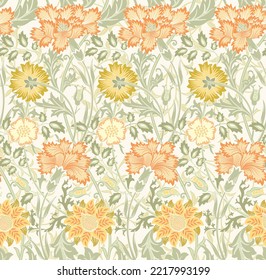 Floral seamless pattern of orange flowers on light background. Vector illustration.