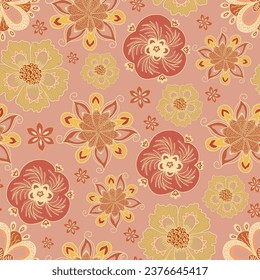 Floral sin fisuras en un diseño de encaje naranja y rosa, románticos motivos florales. Para proyectos textiles, envasado, envoltura, DIY