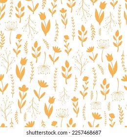 floral seamless pattern with orange silhouettes of flowers and floral elements. Spring wallpaper, textile print, bedding, wrapping paper, stationary, scrapbooking, etc. EPS 10