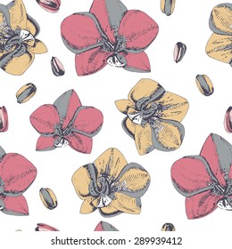 Floral seamless pattern with orchid flowers on white background.