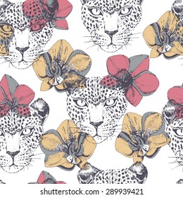Floral seamless pattern with orchid and leopard.