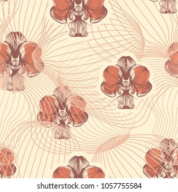 Floral seamless pattern with orchids. Can be used as cute fantasy background, textile, fabrics, wallpaper, wrapping. Vector illustration.