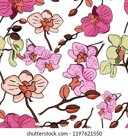 Floral seamless pattern with orchids. Hand painted illustration.