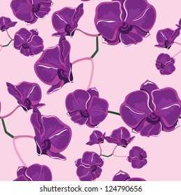 Floral seamless pattern with orchids, hand-drawing. Vector illustration.