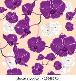 Floral seamless pattern with orchids, hand-drawing. Vector illustration.