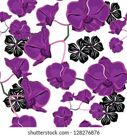 Floral seamless pattern with orchids, hand-drawing. Vector illustration.