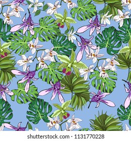 Floral seamless pattern, orchids, monstera leaves, fan palm leaves. Hand drawn illustration.