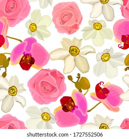 Patrón floral sin fisuras de orquídeas, rosas, daffodils. Ilustración vectorial Eps10