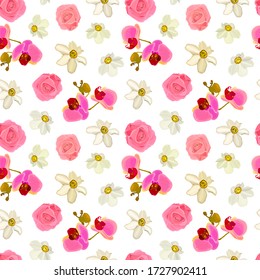 Patrón floral sin fisuras de orquídeas, rosas, daffodils. Ilustración vectorial Eps10