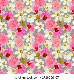 Patrón floral sin fisuras de orquídeas, rosas, daffodils. Ilustración vectorial Eps10