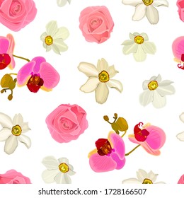 Bläsernahes Muster von Orchideen, Rosen, Narzissen. Eps10 Vektor-Abbildung