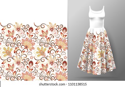 Floral seamless pattern with oriental hand drawing ornament. Vector illustration in asian textile style. Women's dress mock up. Red and beige on white background.