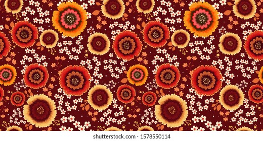 Floral seamless pattern in Oriental style. Chinese ornament with  flowers and leaves on a rich red background. Beautiful Botanical illustration. Template for fashion prints, textile, Wallpaper. Vector