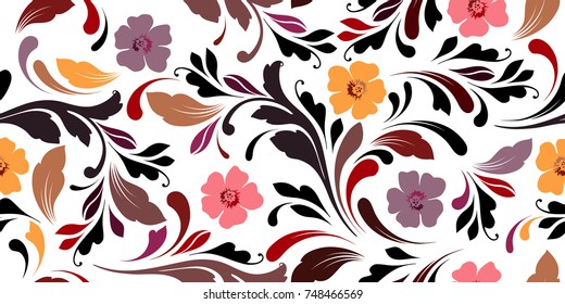 Floral seamless pattern. Oriental texture for fabric, wrapping, wallpaper and paper. Ornamental flowery background. Decorative ornament.