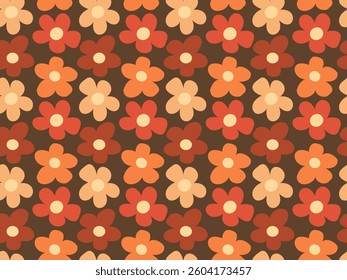 Floral seamless pattern with ornament consisting of simple illustrations of yellow, red, orange flowers on a brown background in a flat style.