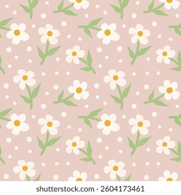 Floral seamless pattern with ornament consisting of simple illustrations of cute daisy flowers on a beige background in a flat style.