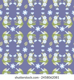 Patrón floral sin costuras. Ornamento de flores y hojas suavemente azules sobre fondo azul oscuro. Ilustración vectorial