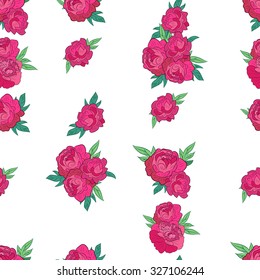 Floral Seamless Pattern. Ornament of Pink Peonies on White  Background. Wrapping Or Digital Paper.