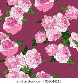 Floral Seamless Pattern. Ornament of Pink Peonies on Purple Background. Flowers Backdrop. Wrapping Or Digital Paper.