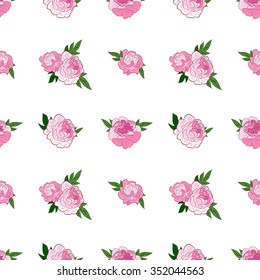 Floral Seamless Pattern. Ornament of Pink Peonies on White  Background. Wrapping Or Digital Paper.
