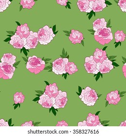 Floral Seamless Pattern. Ornament of Pink Peonies  on Green Background. Wrapping Or Digital Paper.