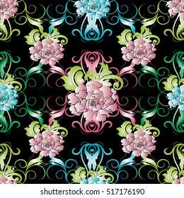 Floral seamless pattern. Floral ornamental  background. Flowers wallpaper. Colorful  flourish 3d  ornament. Black elegant backdrop. Endless luxury texture.Pink flowers in baroque style.