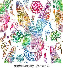 Floral seamless pattern with ornamental rabbit. Vector illustration, EPS10.
