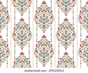 Patrón floral sin costuras con rayas ornamentales. Motivos orientales tradicionales. Plantilla de ornamento vectorial. Elementos decorativos de paisajes. Excelente para tela y textil.