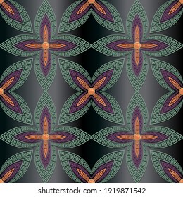Floral seamless pattern. Ornamental vector greek background. Repeat jewelry backdrop. Tribal ethnic greece style abstract flowers with 3d buttons, gemstones, meanders. Ornate ornaments. Modern design.