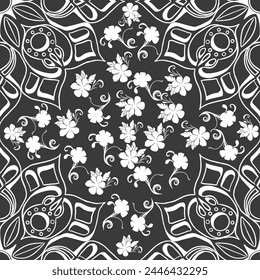Patrón floral sin costuras con adornos en blanco y negro, Adecuado para diversas aplicaciones como diseños para estampados en tela, Fondo de pantalla, decoración digital,