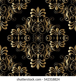 Floral seamless pattern. Ornate wallpaper. Black background with vintage gold  flowers, leaves and decorative ornaments.