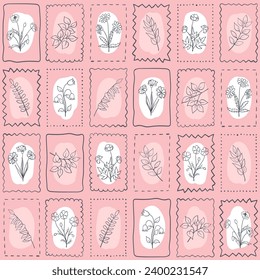 Floral seamless pattern with outline daisies, bluebells and cornflowers and twigs on pink and white background. Monochrome print with rectangular checker, postage stamp style. Hand drawn spring design