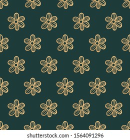 Floral seamless pattern with outline flower vector illustration. Dark green, gold color. Perfect for backgrounds, backdrop, wallpaper and fabric designs.