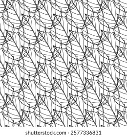 Floral seamless pattern with outline leaves.. Vector. Black and white hand drawn nature illustration. Line art. Perfect for design templates, wallpaper, wrapping, fabric, print and textile. 