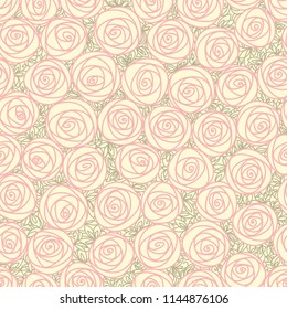 Floral seamless pattern. Outline stylized roses. Abstract background with pink flowers. Doodle hand drawn line art design element