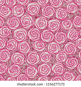 Floral seamless pattern. Outline stylized roses. Abstract background with pink flowers. Doodle hand drawn line art design element
