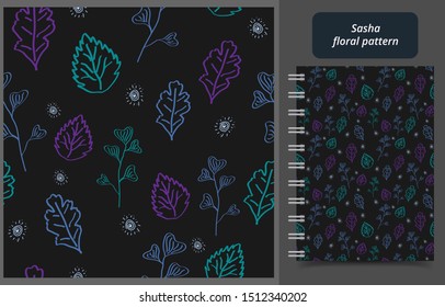Floral seamless pattern of outlined leaves on the black background. Vector illustration of repeat foliage background for cover, card, wrapping paper, textile, wallpaper, scrapbook design.