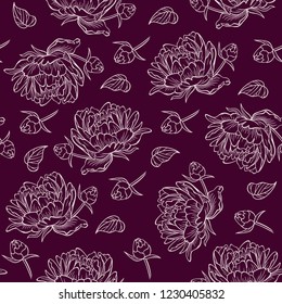 Floral seamless pattern with outlines peonies.